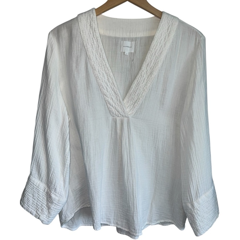 SUNDAYS White‎ Cotton Gauze Long Sleeve V-Neck Top | Relaxed Fit Shirt | Small